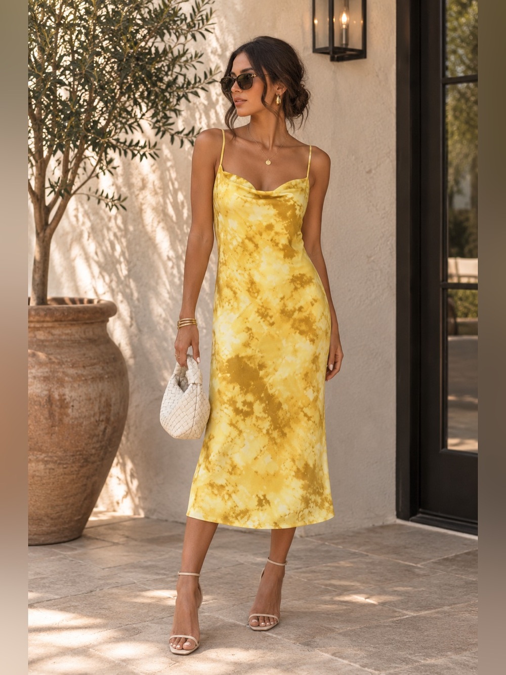 Yellow Tie Dye Midi Pencil Dress Adjustable Spaghetti Straps Lined - Picture 1 of 5